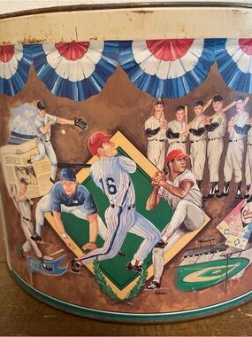 Vintage Baseball Themed Decorative Tin - Red, Blue, White